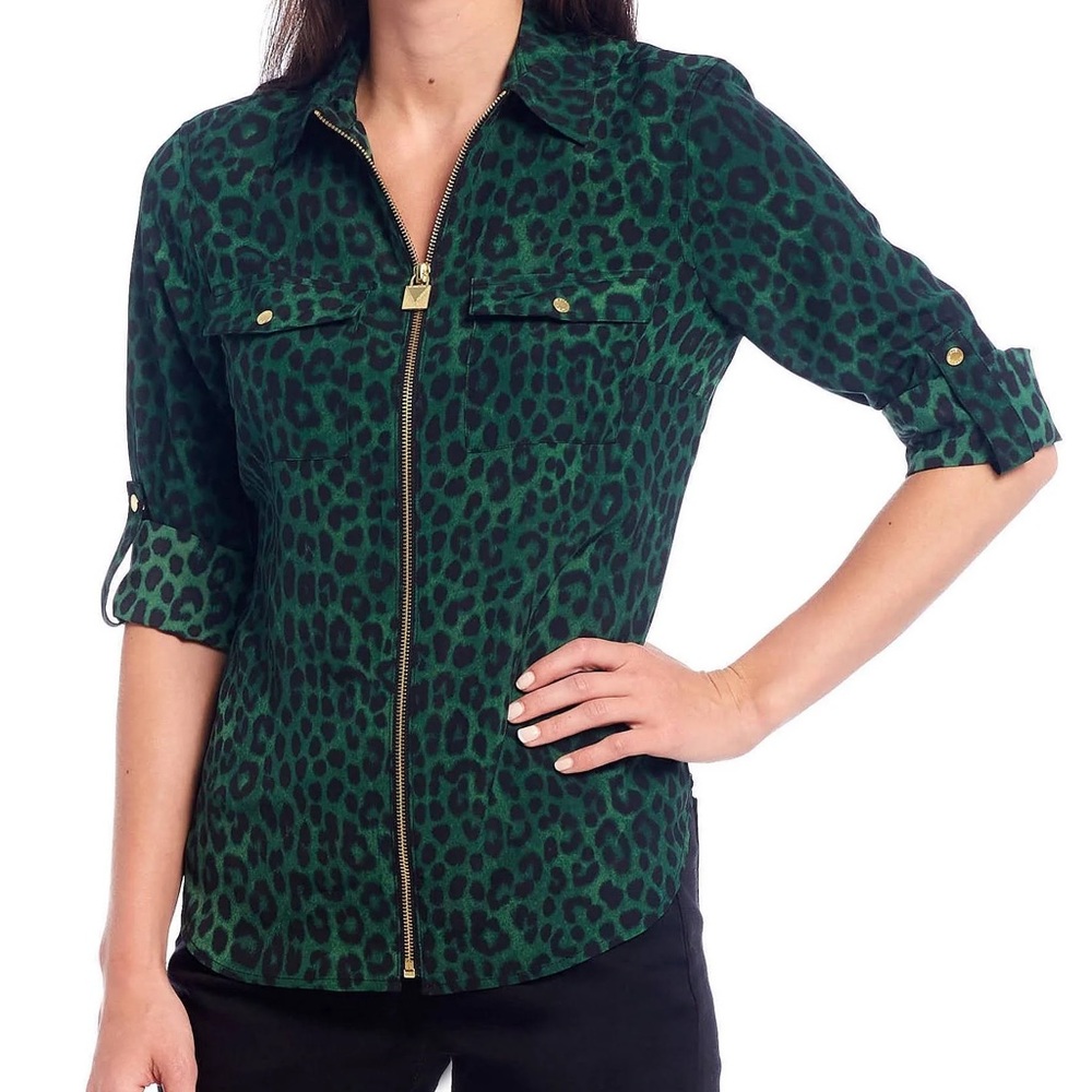MICHAEL Michael Kors | roll sleeve full zipper top in moss cheetah, size small